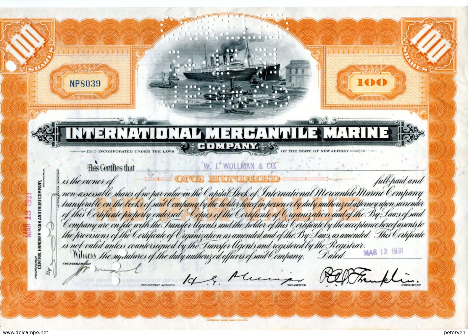 INTERNATIONAL MERCANTILE MARINE; 100 Shares - Navigazione