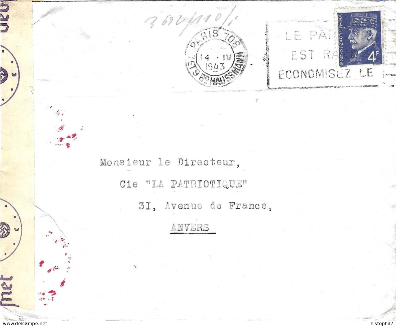 4F Pétain Obl Paris 108 Du 14/4/1943 Sur Lettre Censurée à Cologne Pour Anvers - WW II