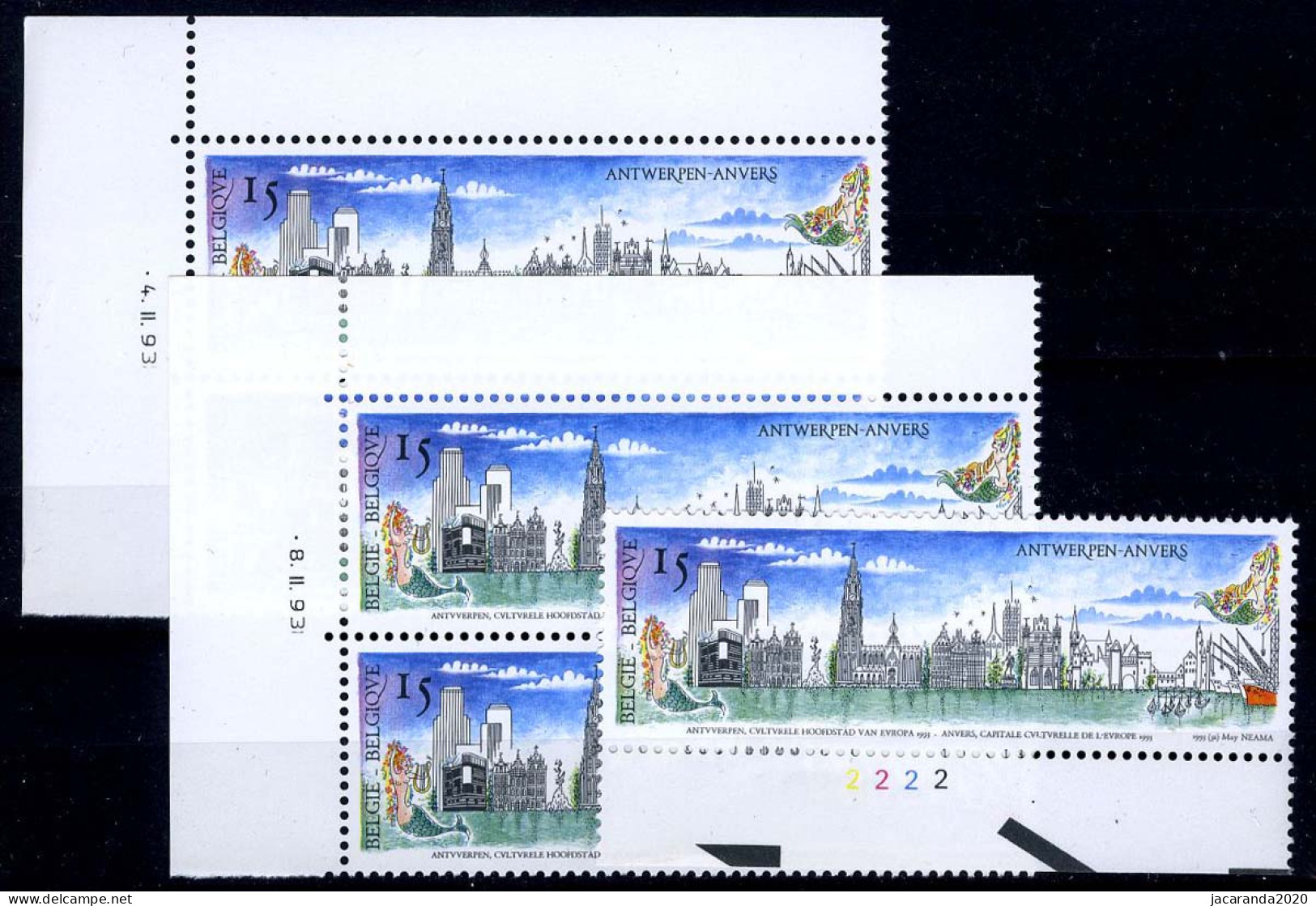 België 2495 - Antwerpen - Hoekdatums 4 II 93 - 8 II 93 + Plnr 2 - Dated Corners