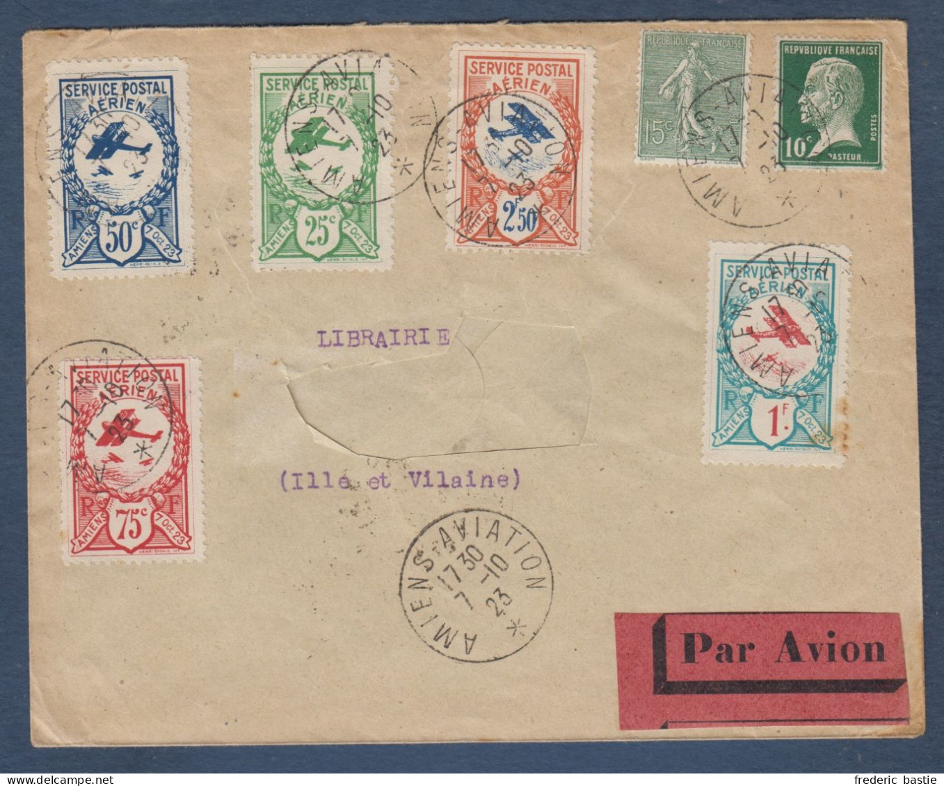 Série De Vignettes Service Postal Aérien AMIENS Sur Enveloppe Par Avion Pour Rennes - Aviación