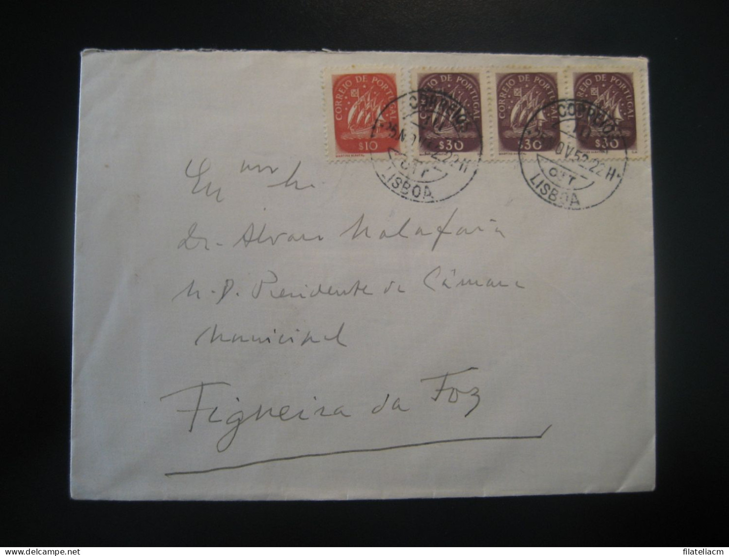 LISBOA 1952 To Figueira Da Foz 4 Stamp Cancel Cover PORTUGAL - Covers & Documents