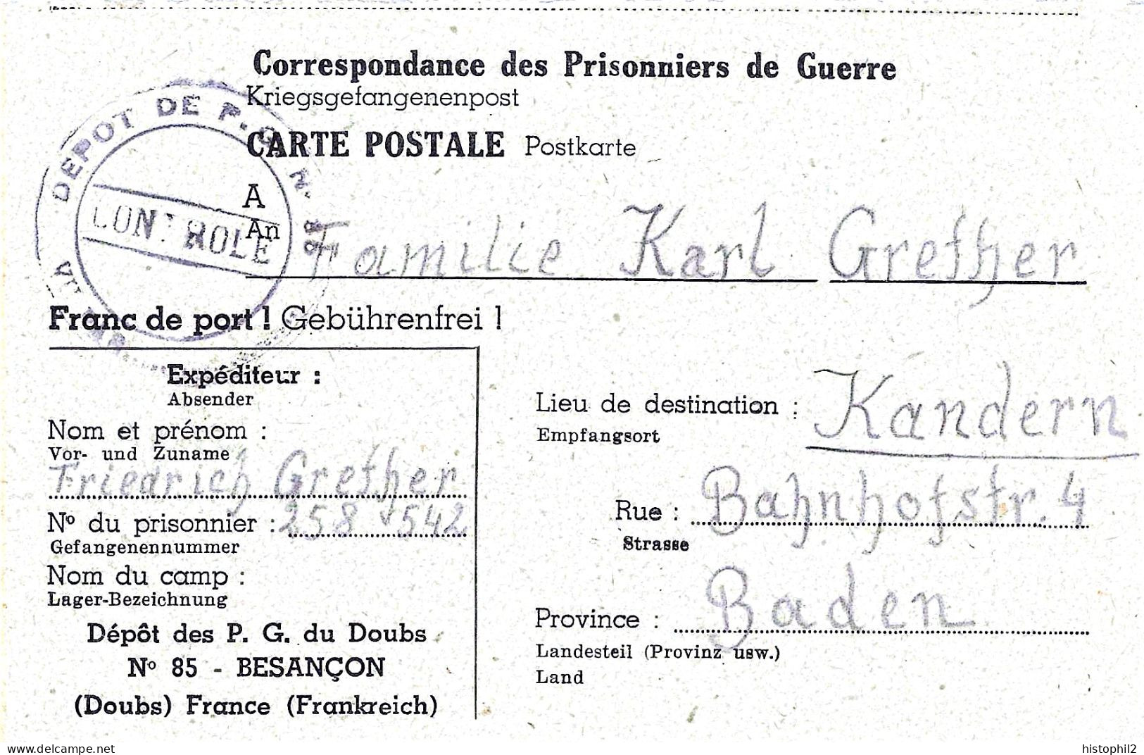 CP Du 20/1/1946 Dépôt Prisonniers De Guerre De L'axe N°85 Besançon Pour Kandern Allemagne Kriegsgefangenlager - WW II