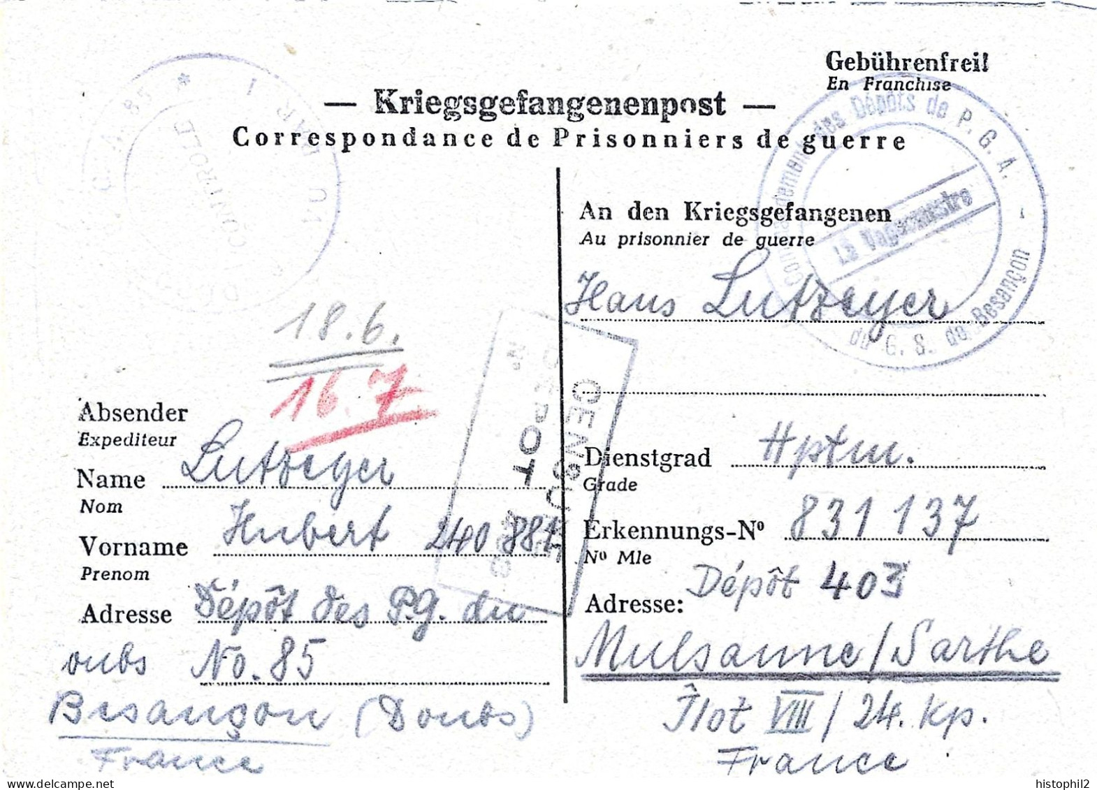 CP Du 16/5/1946 Dépôt Prisonniers De Guerre De L'axe N°85 Besançon Pour Autre Prisonnier Mulsanne Kriegsgefangenlager - Guerra Del 1939-45
