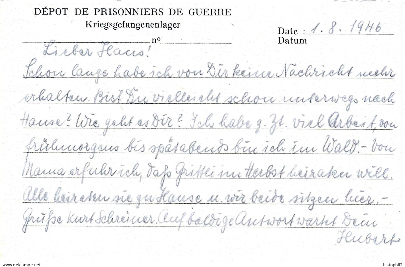 CP Du 1/8/1946 Dépôt Prisonniers De Guerre De L'axe N°85 Besançon Pour Autre Prisonnier Mulsanne Kriegsgefangenlager - 2. Weltkrieg 1939-1945