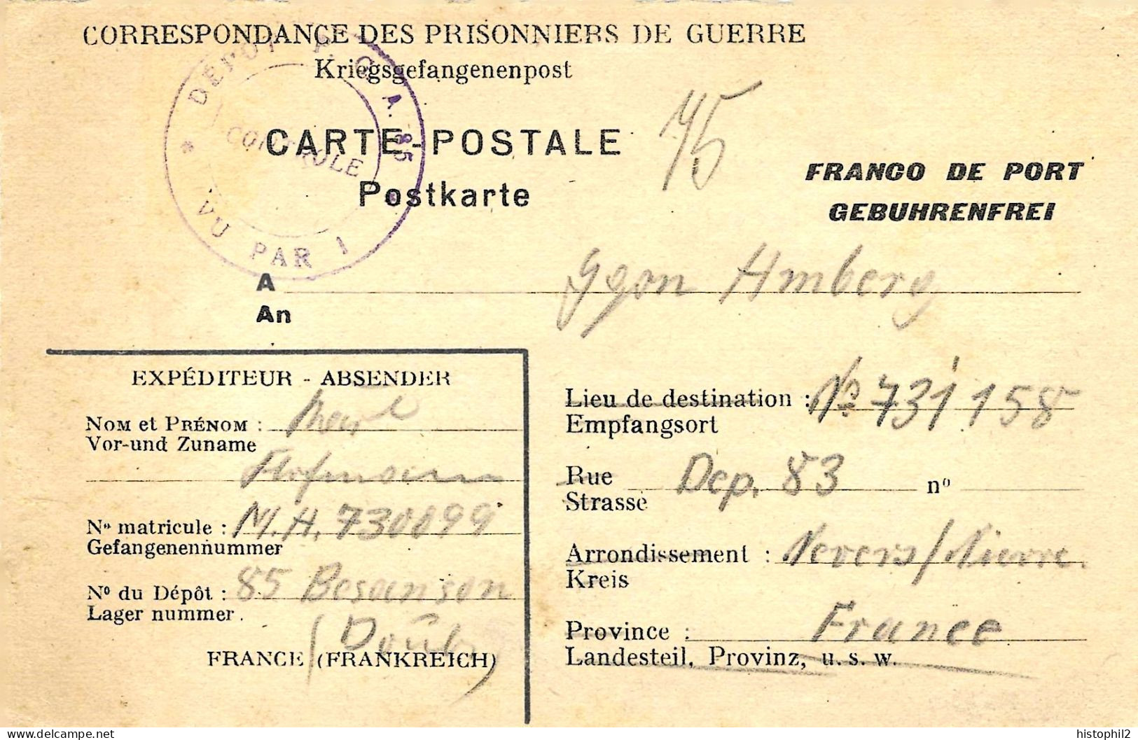 CP 31/8/1947 Dépôt Prisonniers De Guerre De L'axe 85 Besançon Pour Autre Prisonnier Dépôt 83 Nevers Kriegsgefangenpost - Oorlog 1939-45