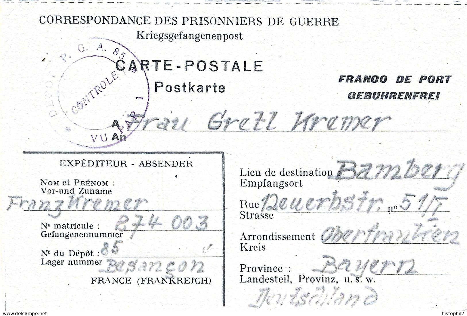CP Du 19/5/1946 Dépôt Prisonniers De Guerre De L'axe N° 85 Besançon Pour Bamberg Allemagne Kriegsgefangenpost - Guerra Del 1939-45