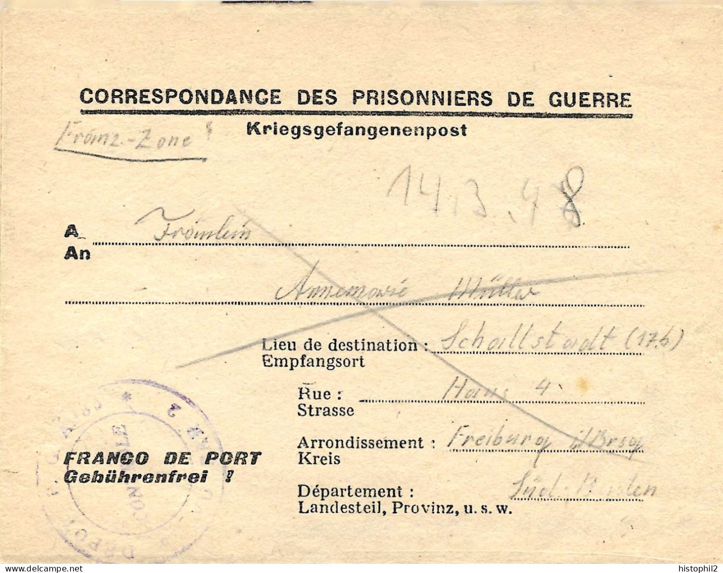 Carte-lettre Du 14/3/1948 Dépôt Prisonniers De Guerre De L'axe N° 85 Besançon Pour Freiburg Allemagne Kriegsgefangenpost - WW II