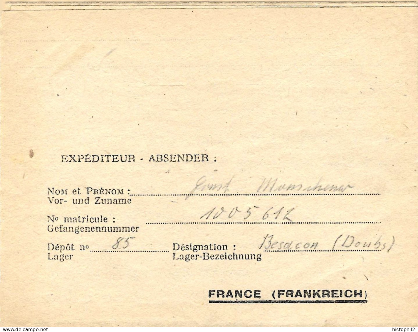 Carte-lettre Du 14/3/1948 Dépôt Prisonniers De Guerre De L'axe N° 85 Besançon Pour Freiburg Allemagne Kriegsgefangenpost - WW II