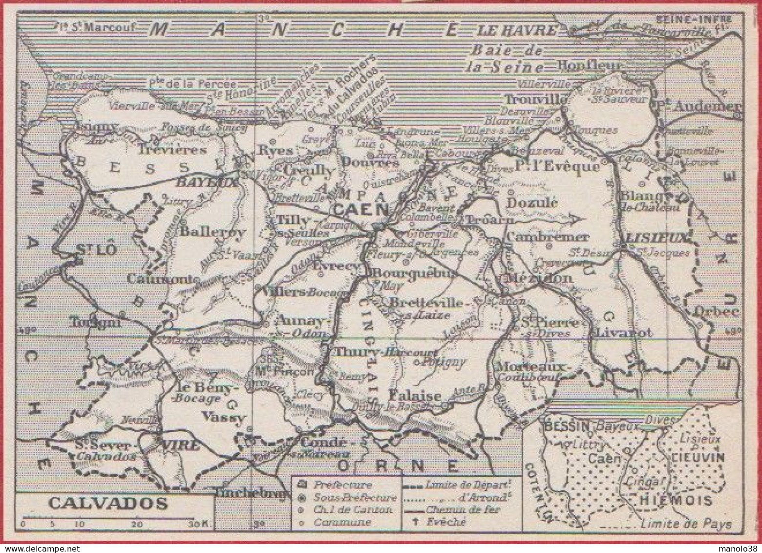 Carte Du Département Du Calvados (14). Préfecture, Sous Préfecture, Chef Lieu , Commune, Chemin De Fer .. Larousse 1948. - Documenti Storici