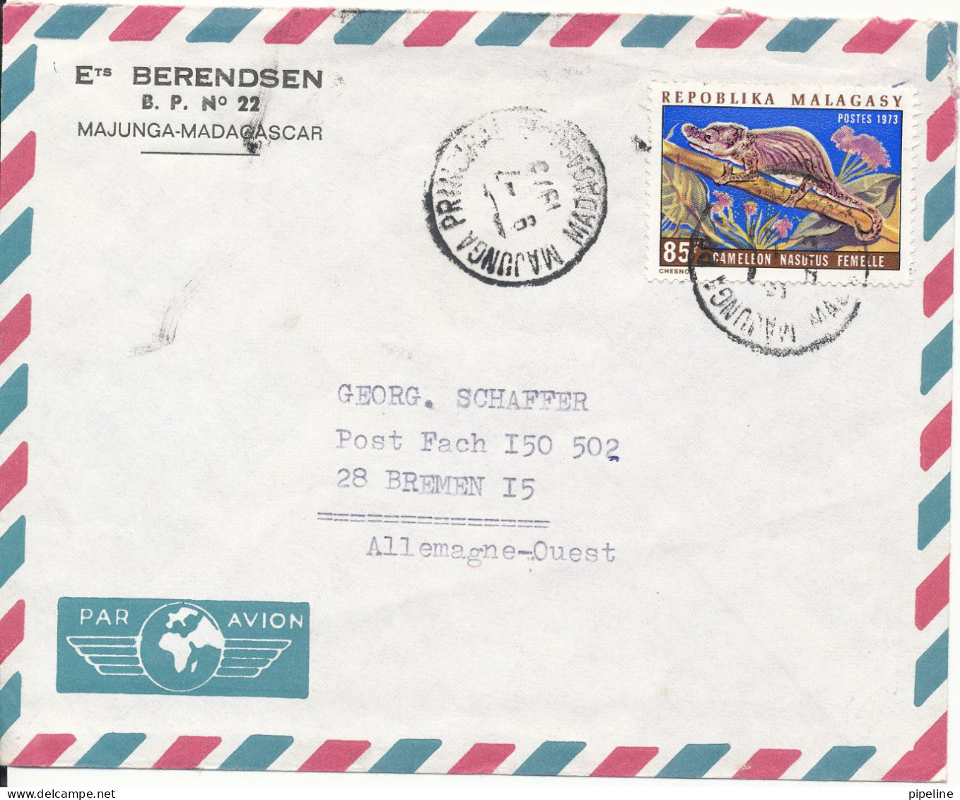 Malagasy Air Mail Cover Sent To Germany Majunga 9-7-1973 Single Franked - Madagascar (1960-...)