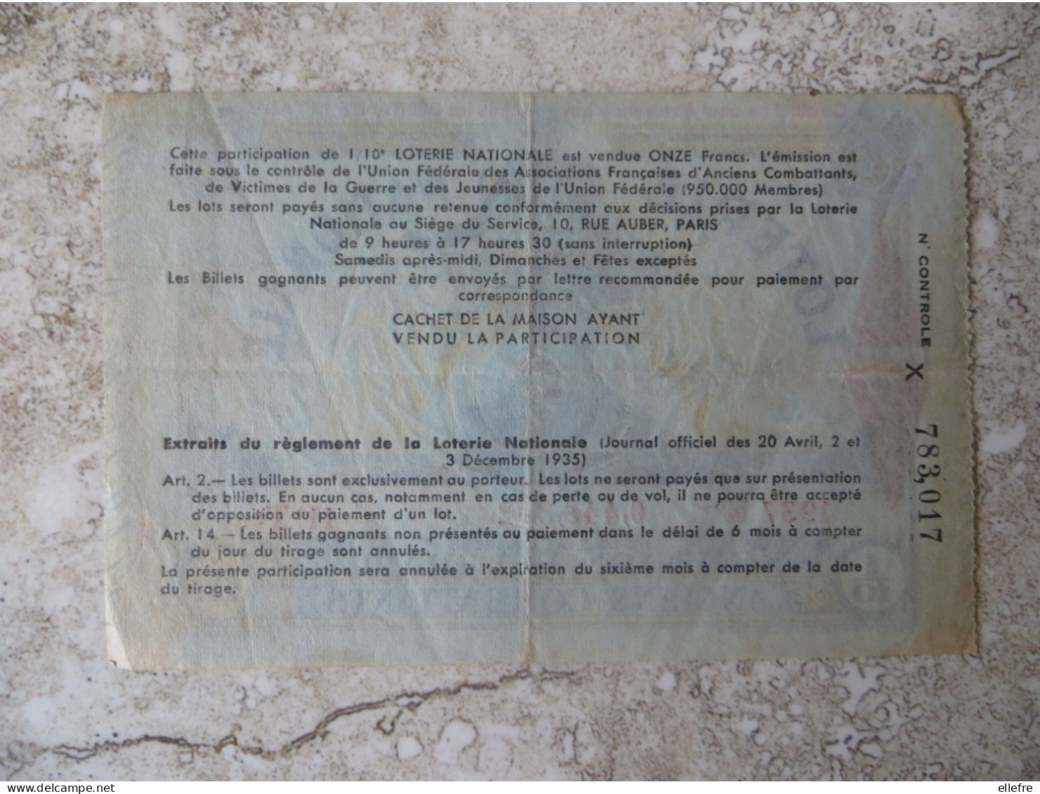 Lot De 2 Billets - Billet De Loterie Nationale Union Féderale Des Anciens Combattants 1937 Et 1938 - Billetes De Lotería