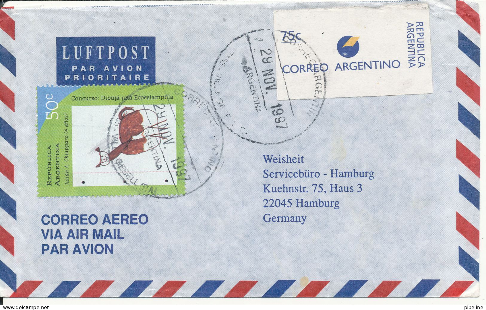 Argentina Air Mail Cover Sent To Germany 29-11-1997 With Franking Label And A Stamp - Cartas & Documentos