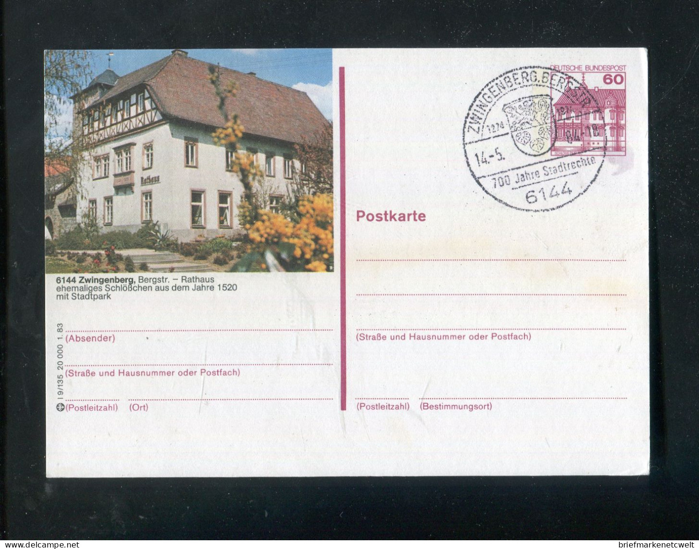 "BUNDESREPUBLIK DEUTSCHLAND" 1983, Bildpostkarte Mit Bildgleichem Stempel Ex "ZWINGENBERG" (B1022) - Cartes Postales Illustrées - Oblitérées