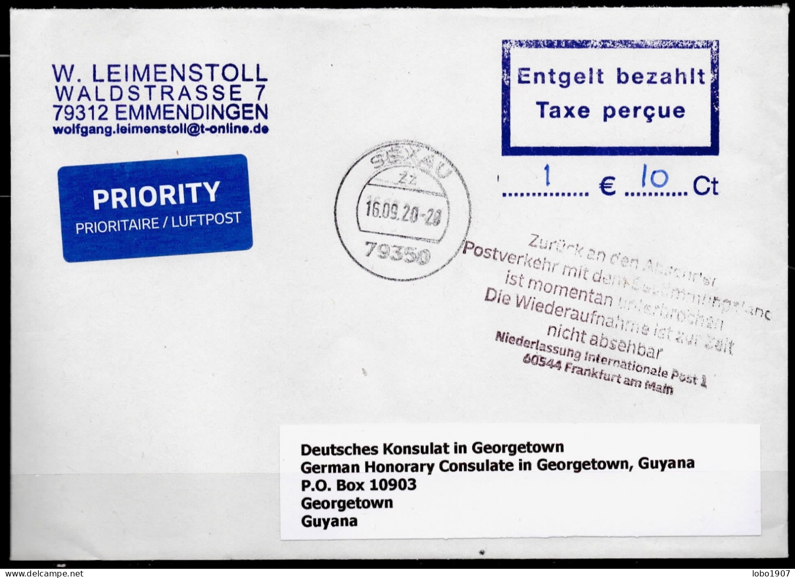 Corona Covid 19 Postal Service Interruption "Zurück An Den Absender.. " IRC Reply Coupon Paid Cover To GEORGETOWN GUYANA - Guyane (1966-...)