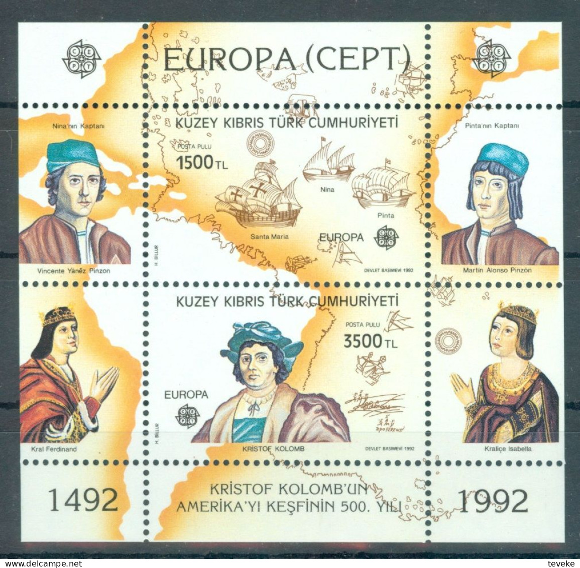 TURKISH CYPRUS 1992 - Michel Nr. BL10 - MNH ** - EUROPA/CEPT: Discovery Of America - Columbus - Unused Stamps