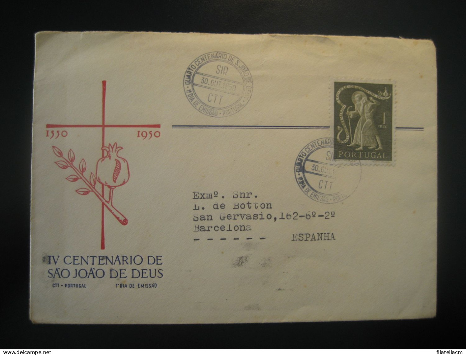 LISBOA 1950 To Barcelona Spain Sao Joao De Deus Religion FDC Cancel Cover PORTUGAL - Lettres & Documents