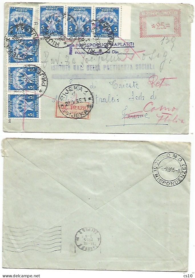 Real Postal HISTORY !! 1955 Busta INPS Roma X Trieste Errore Via Zagabria X Fiume Rijeka Jugoslavija Tassata E Detassata - Portomarken