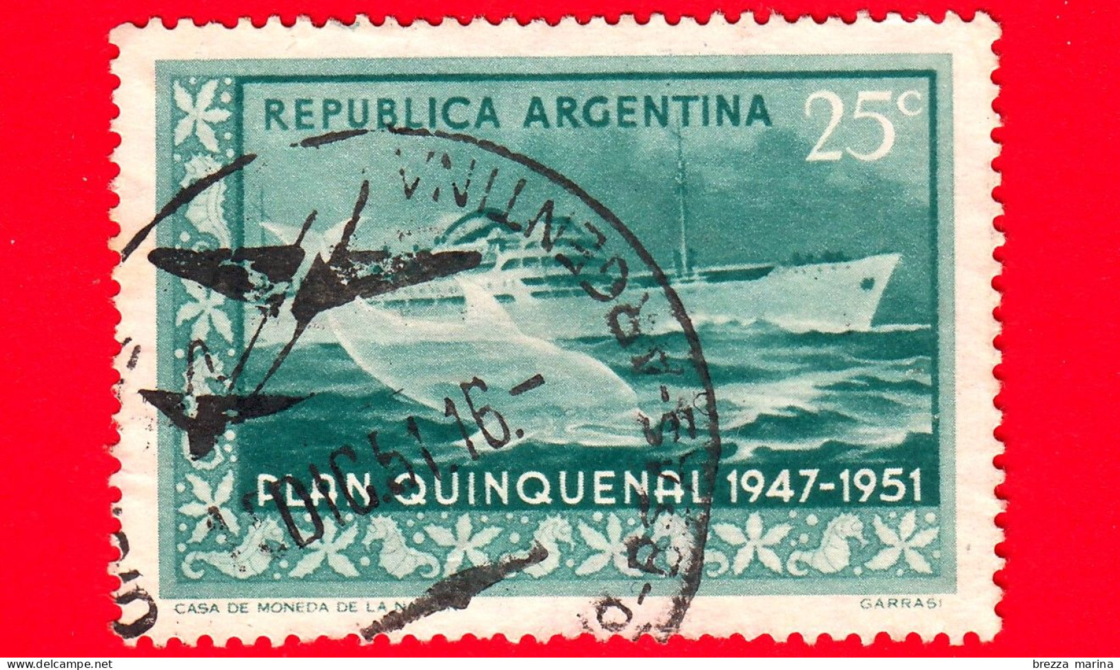 ARGENTINA - Usato - 1951 - Piano Quinquennale 1947 - 1951 - 'Presidente Peron' (nave Di Linea) E Delfino Comune - 25 - Oblitérés