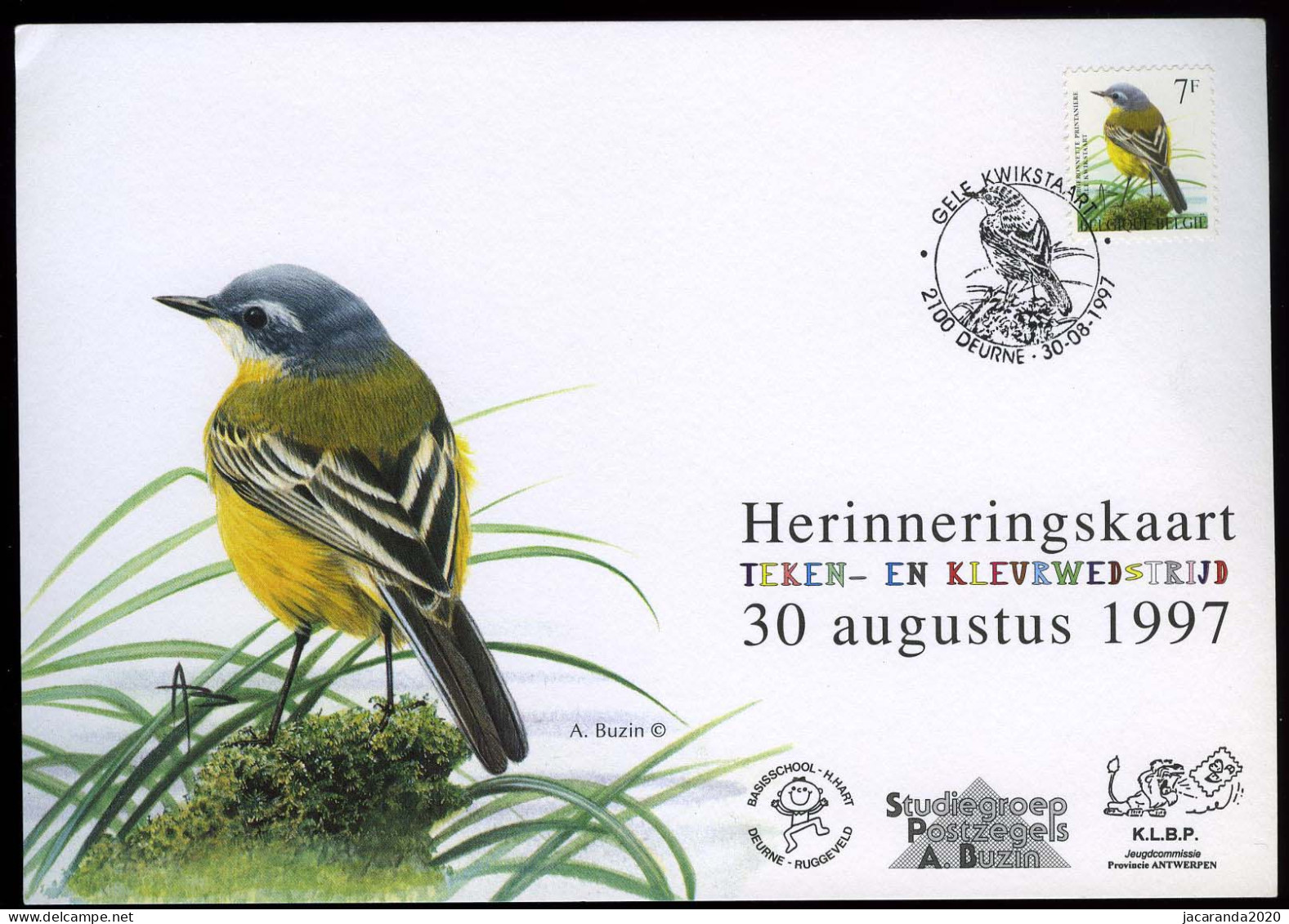 België 2725 - Gele Kwikstaart - Op Herdenkingskaart - Teken- En Kleurwedstrijd 1997 - Basisschool Deurne - André Buzin - Souvenir Cards - Joint Issues [HK]