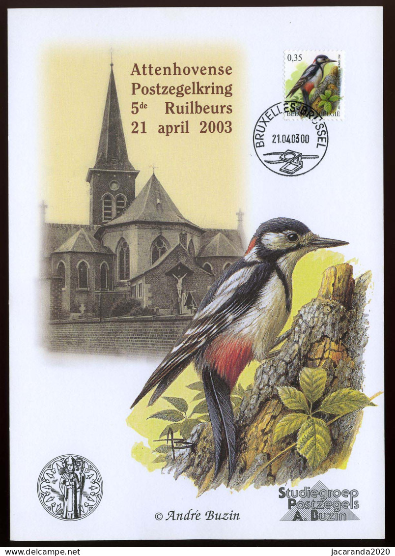 België 3162 - Grote Bonte Specht - Op Herdenkingskaart - 5de Ruilbeurs Attenhovense Postzegelkring 2003 - André Buzin - Cartes Souvenir – Emissions Communes [HK]