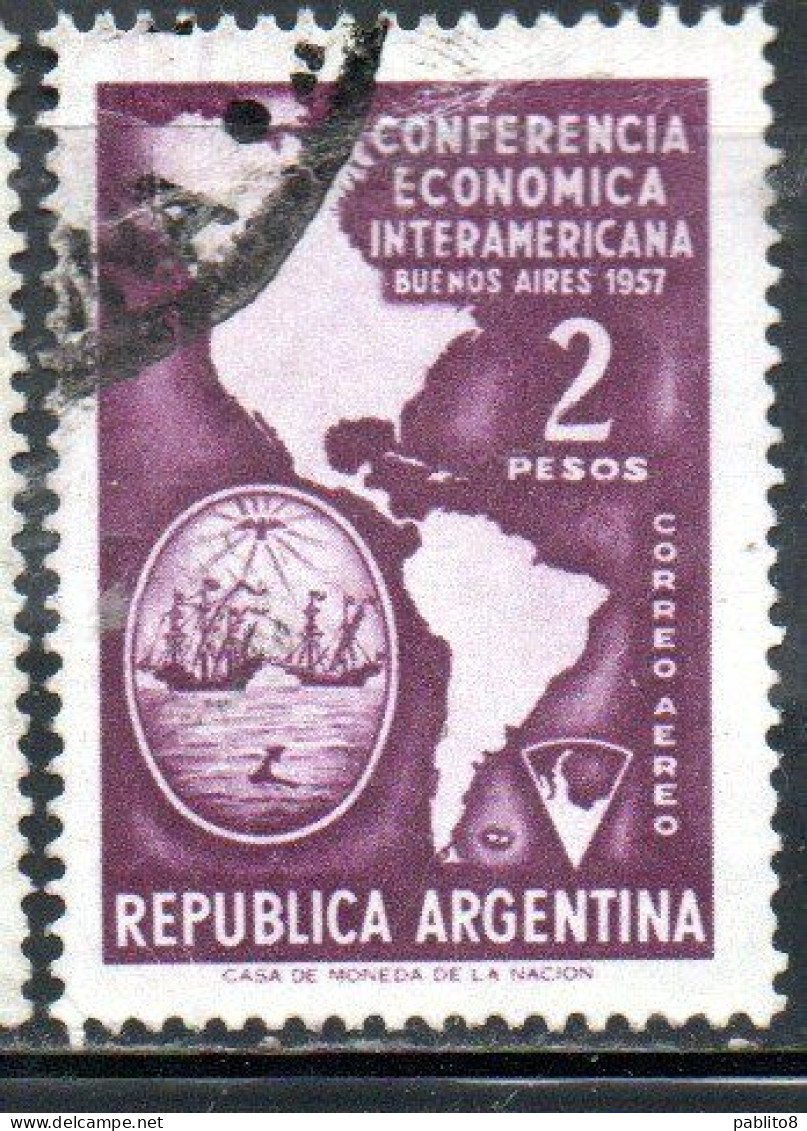 ARGENTINA 1957 INTER AMERICAN ECONOMIC CONFERENCE MAP OF AMERICAS ARMS OF BUENOS AIRES 2p USED USADO OBLITERE' - Posta Aerea