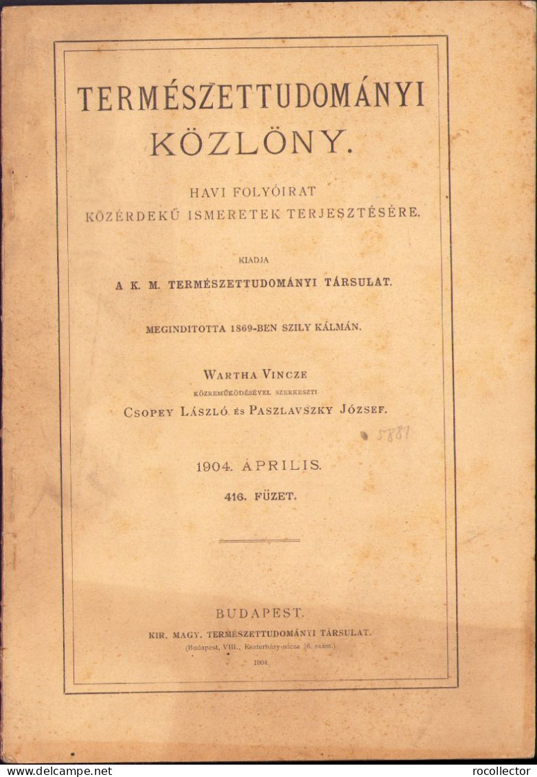 Természettudományi Közlöny, 416/1904 C1209 - Livres Anciens