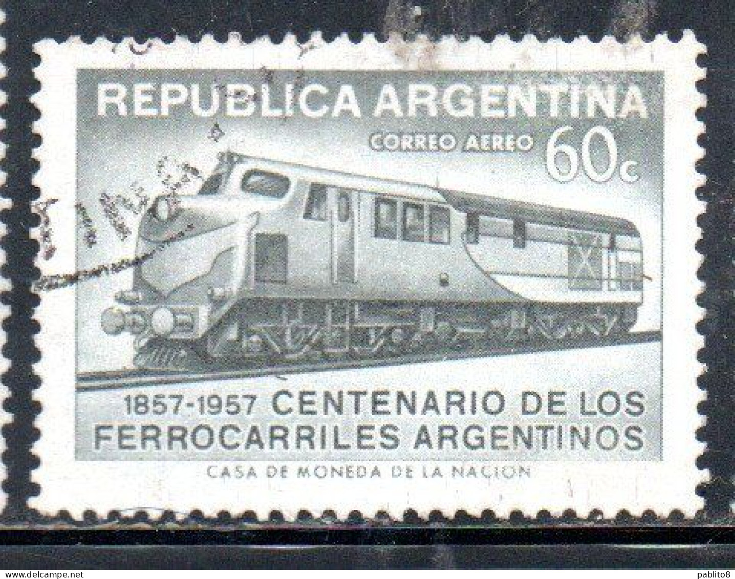 ARGENTINA 1957 CENTENARY ARGENTINE RAILROADS 60c USED USADO OBLITERE' - Airmail