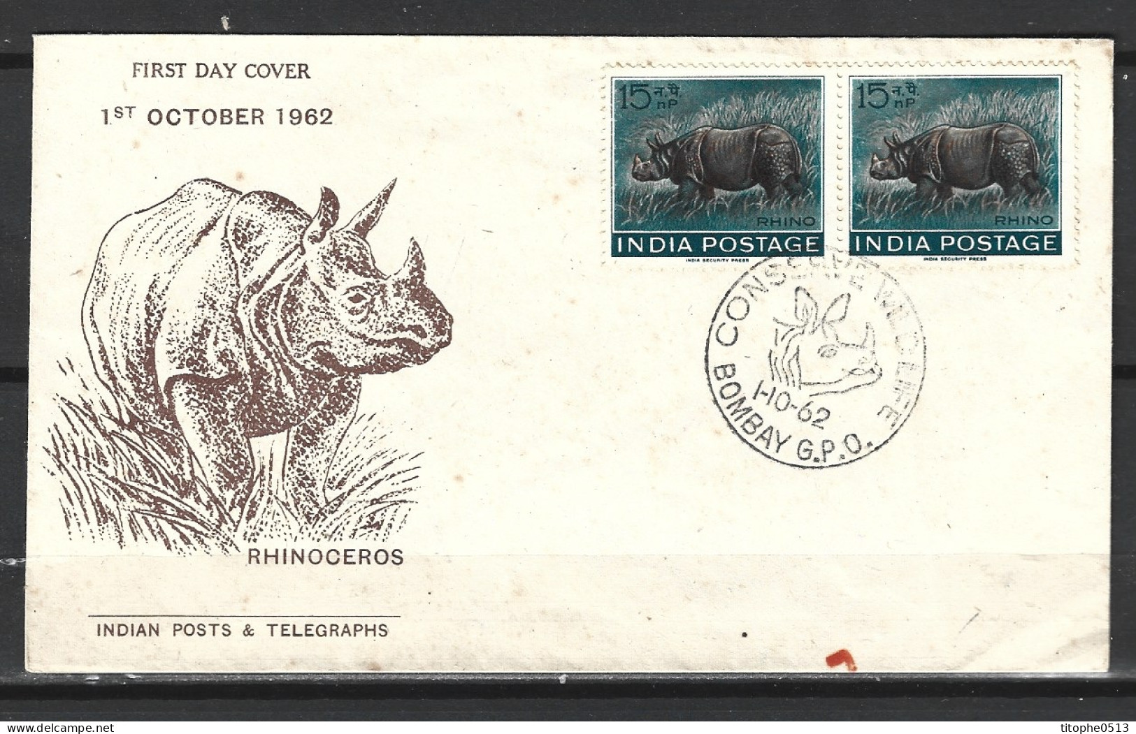 INDE. N°148 Sur Enveloppe 1er Jour (FDC) De 1962 . Rhinocéros. - Rhinocéros