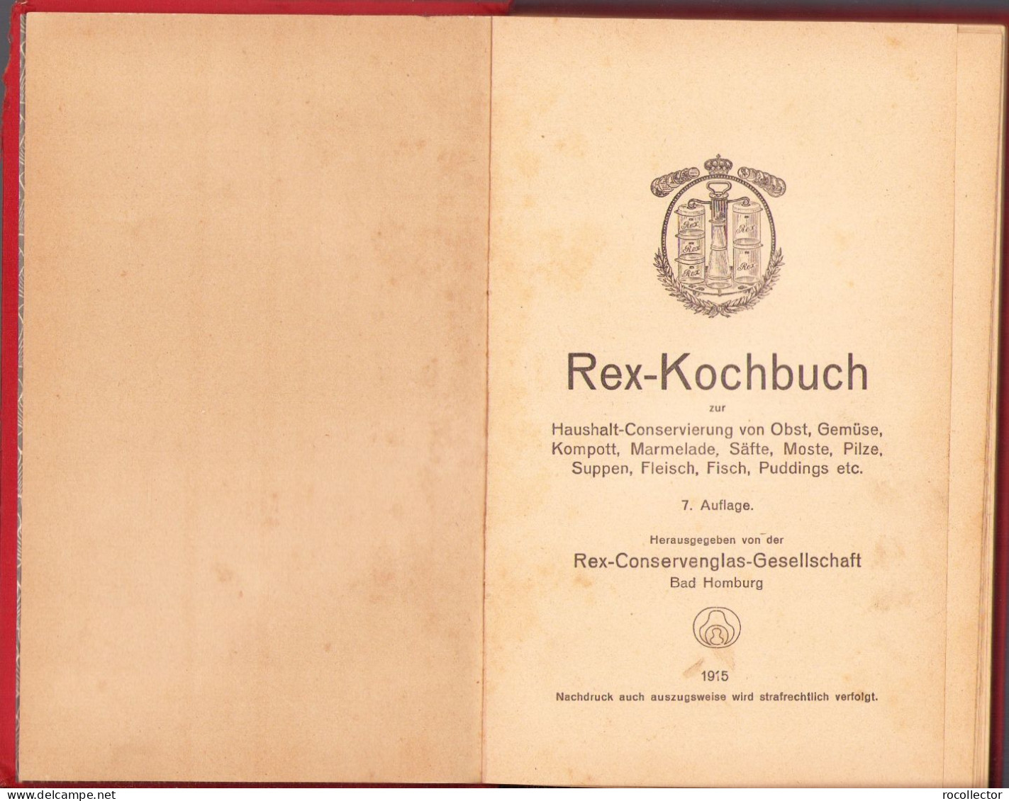 Rex-Kochbuch Zur Haushalt-Conservierung Von Obst, Gemüse, Kompott, Marmelade, Säffe, Moste, Pilze, Suppen ... 1915 - Libros Antiguos Y De Colección