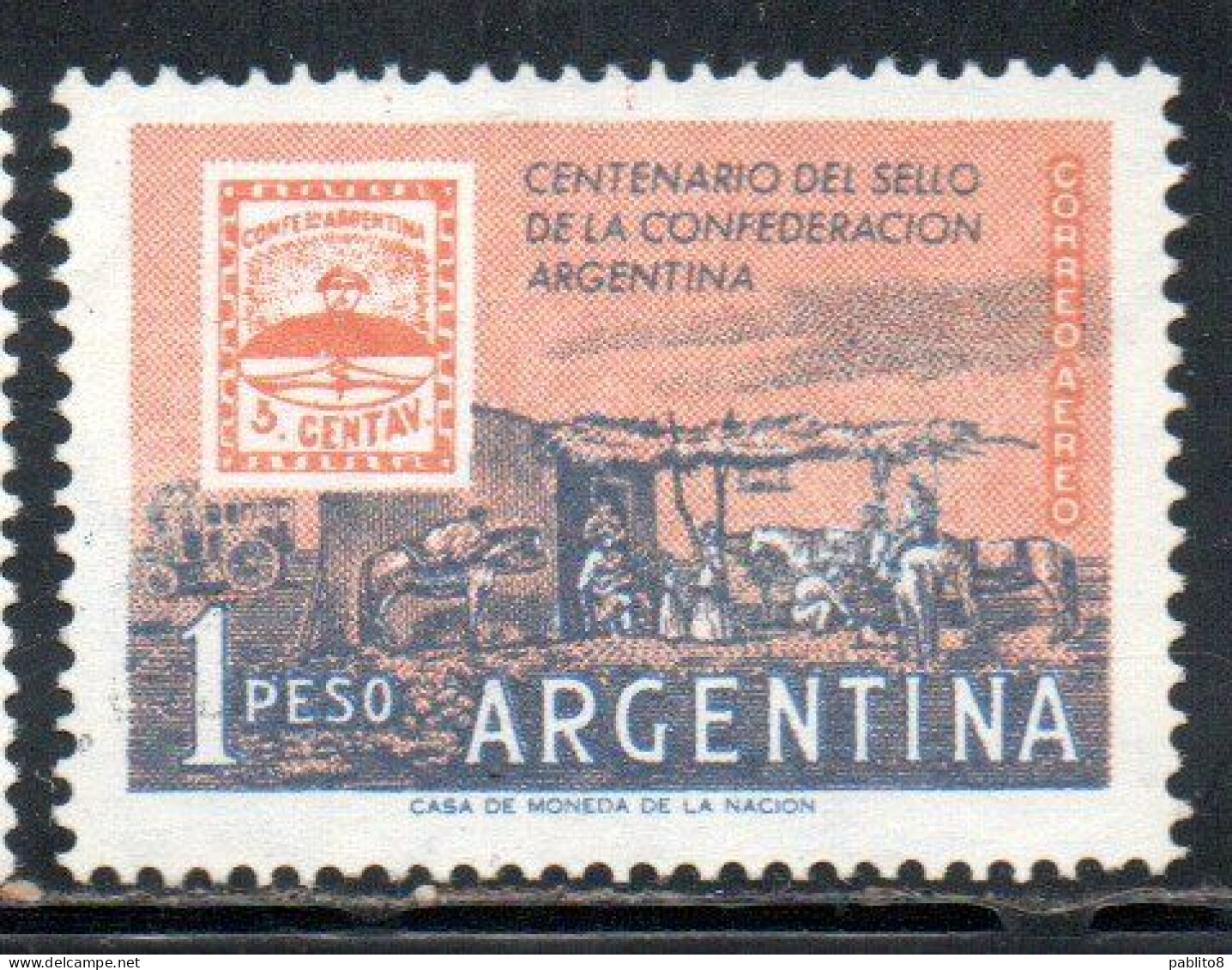 ARGENTINA 1958 AIR POST MAIL AIRMAIL CORREO AEREO CENTENARY FIRST POSTAGE STAMP BUENOS AIRES THE POST OF SANTA FE 1p MH - Airmail