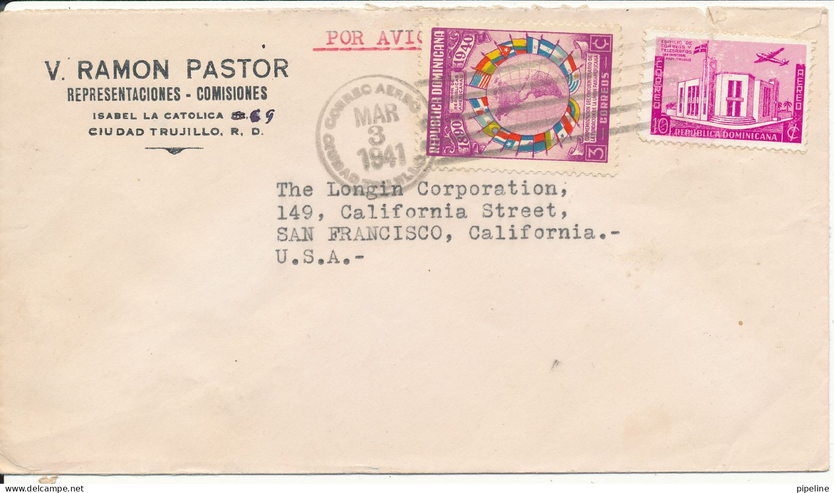 Dominican Republic Cover Sent Air Mail To USA 3-3-1941 - Dominican Republic