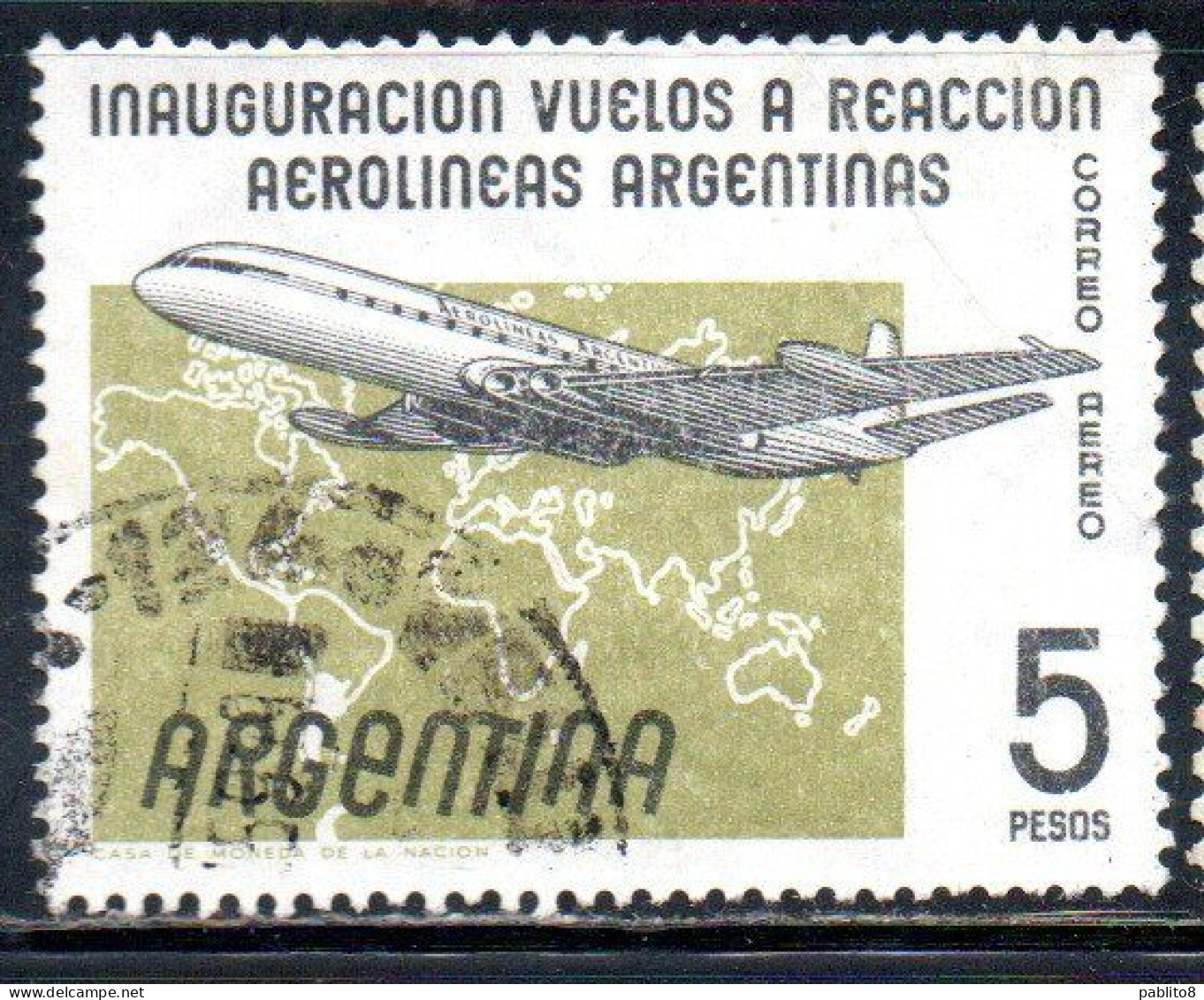 ARGENTINA 1959 AIR POST MAIL AIRMAIL CORREO AEREO JET FLIGHT OF ARGENTINE AIRLINES COMET OVER WORLD MAP 5p USED USADO - Aéreo