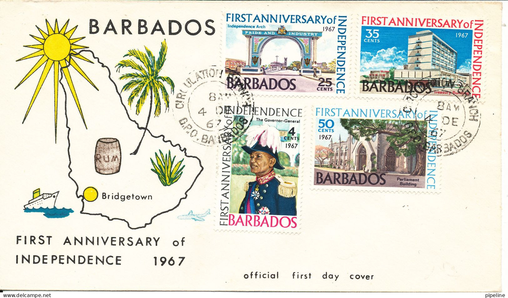 Barbados FDC 4-12-1967 First Anniversary Of  Independence 1967 Complete Set Of 4 With Cachet - Barbados (1966-...)