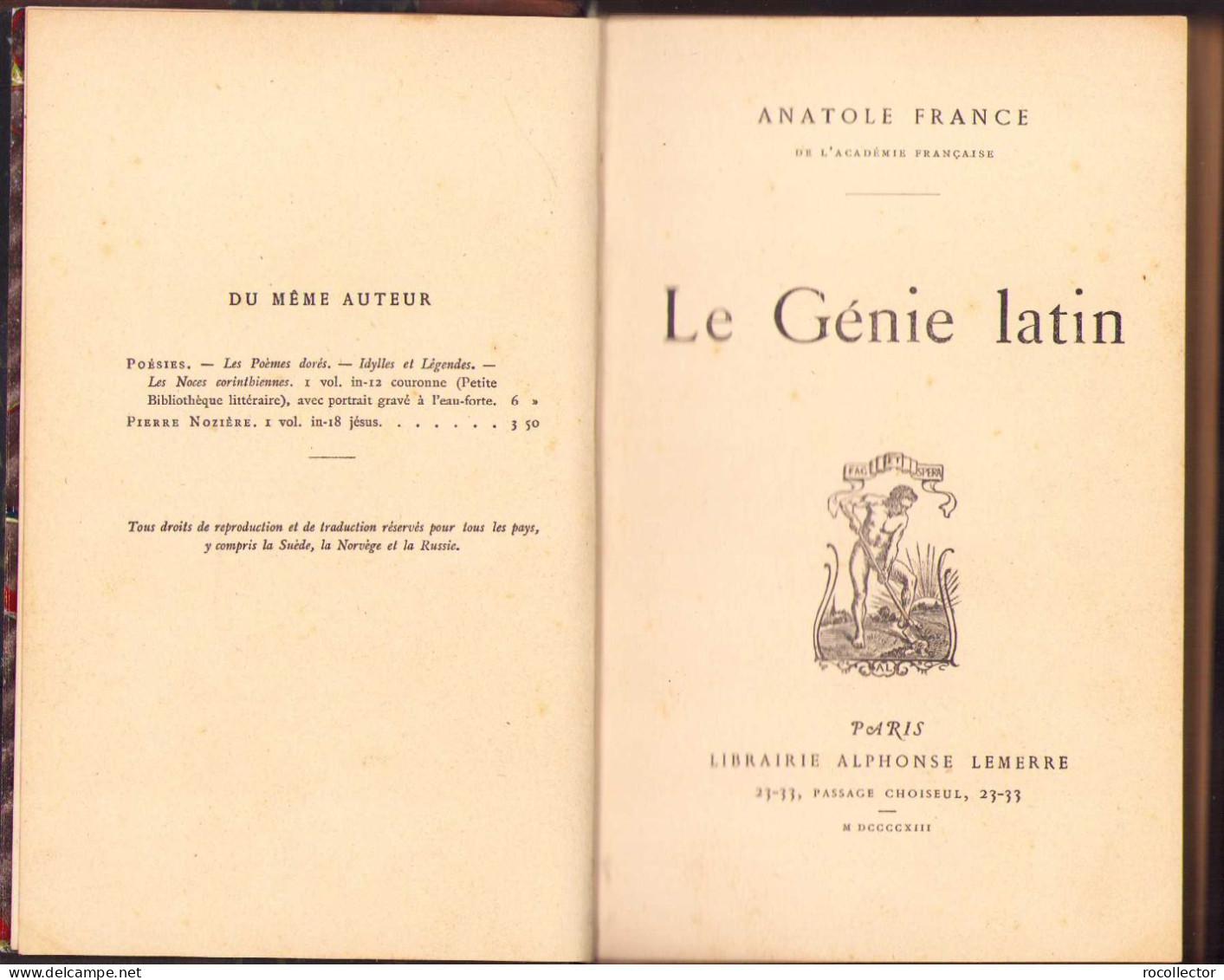 Le Genie Latin Par Anatole France, 1913 C1164 - Oude Boeken