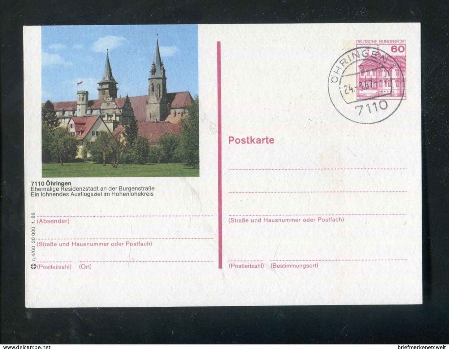 "BUNDESREPUBLIK DEUTSCHLAND" 1986, Bildpostkarte Mit Bildgleichem Stempel Ex "OEHRINGEN" (B1035) - Cartes Postales Illustrées - Oblitérées