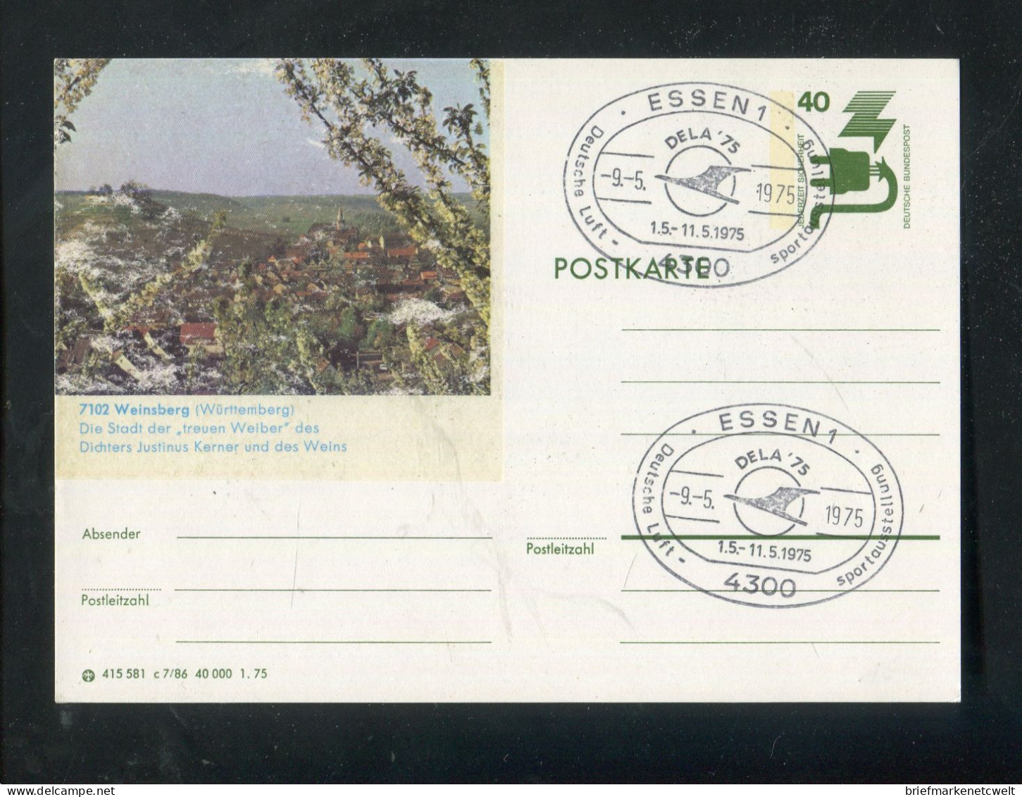 "BUNDESREPUBLIK DEUTSCHLAND" 1975, Postkarte Mit Privatem Bildzudruck "WEINSBERG", SSt. "ESSEN" (B1036) - Cartes Postales - Oblitérées
