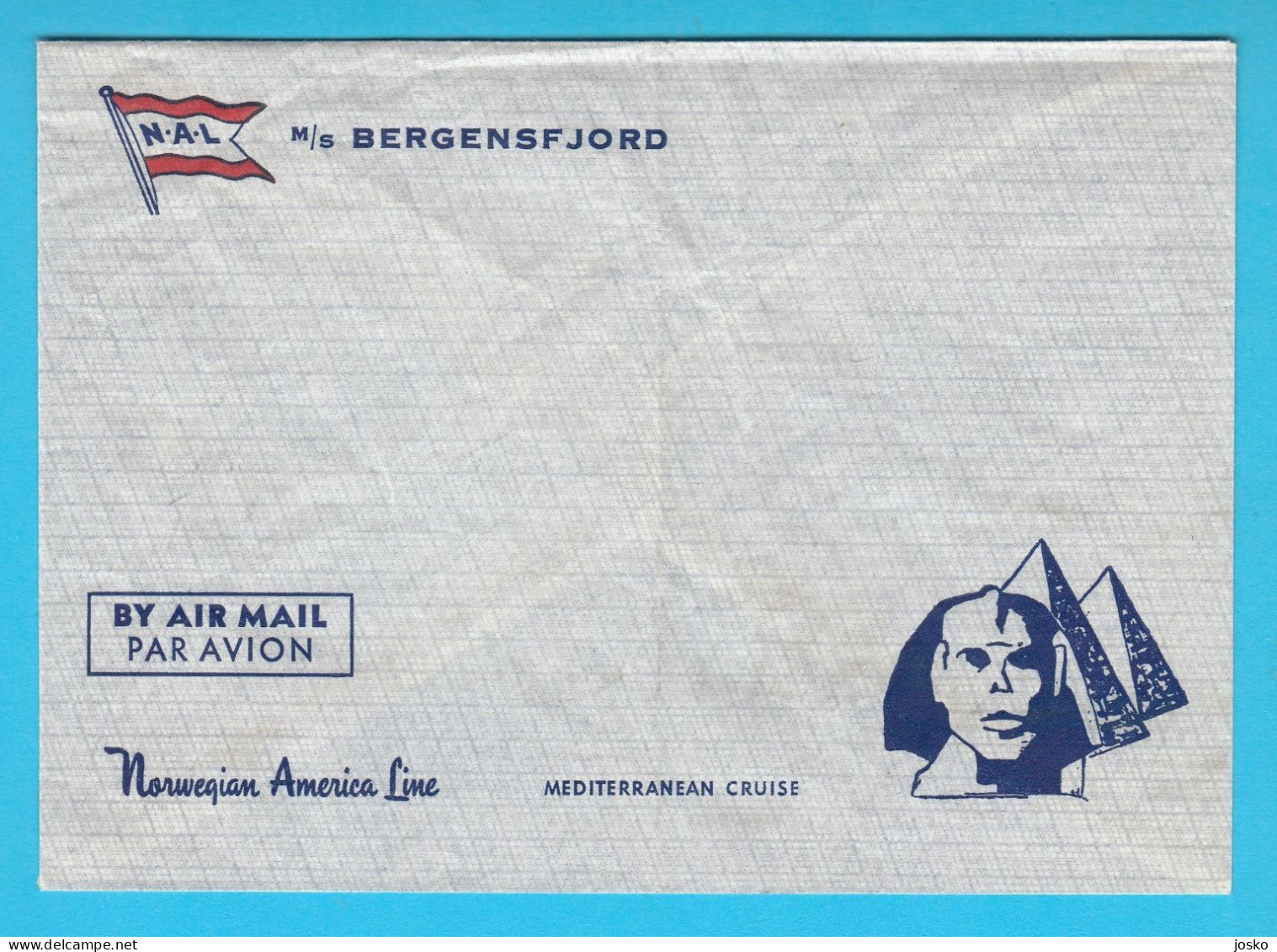 NORWEGIAN AMERICA LINE (Den Norske Amerikalinje) Ship M/S BERGENSFJORD * By Air Mail * Vintage Official Cover * Norway - Storia Postale
