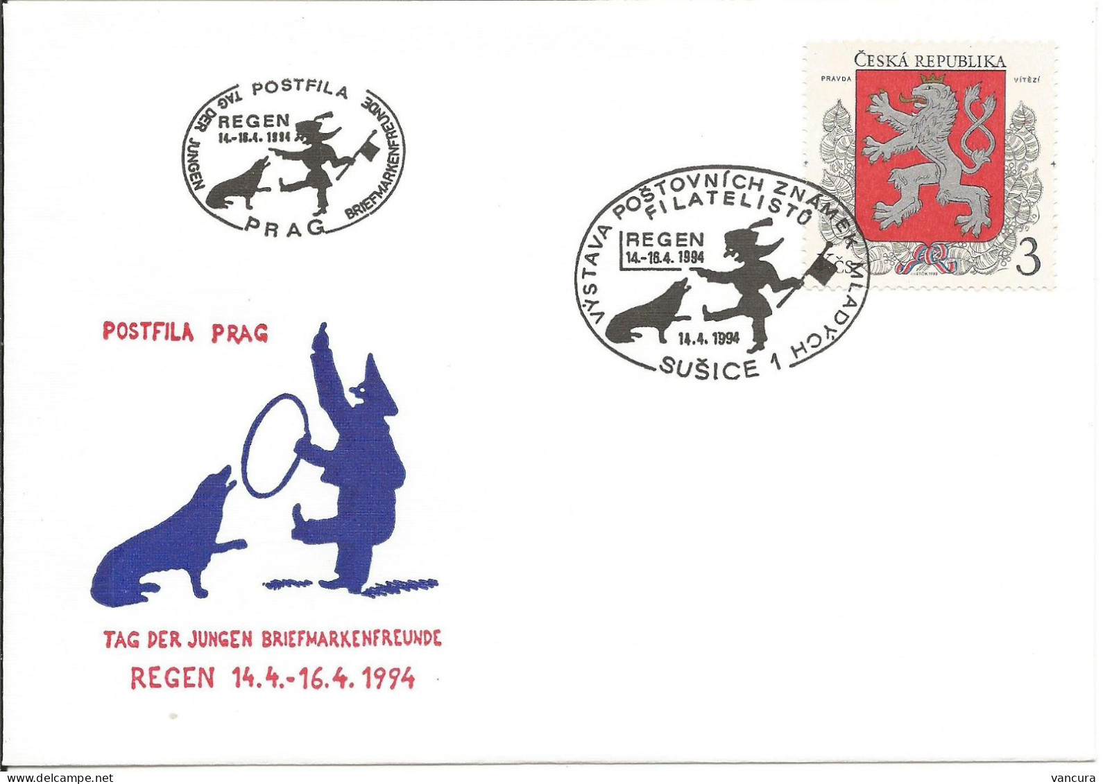 Postfila Envelope Czech Republic  Regen Stamp Exhibition 1994 Dog Lion Coat Of Arms - Philatelic Exhibitions
