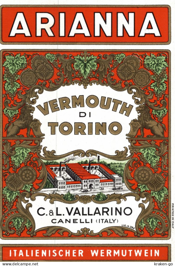 CANELLI, Asti - ETICHETTA D'EPOCA VERMOUTH VALLARINO ARIANNA - #027 - Alcools & Spiritueux