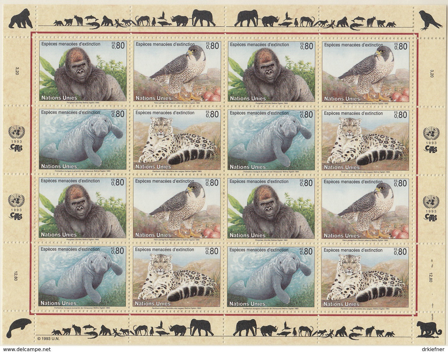 UNO GENF  227-230, Kleinbogen, Postfrisch **, Gefährdete Arten (I): Fauna 1993 - Blocs-feuillets