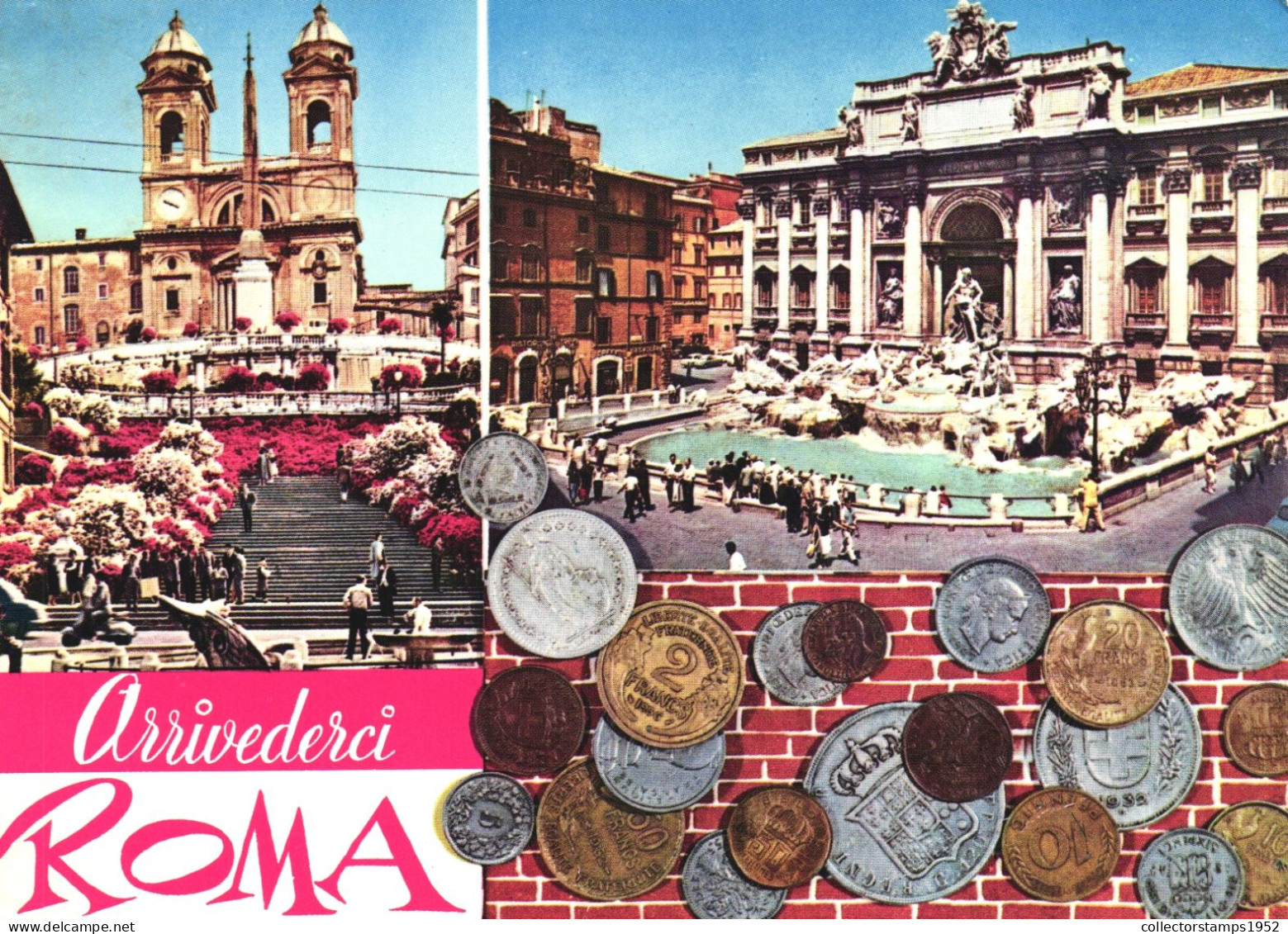 ROME, LAZIO, MULTIPLE VIEWS, CHURCH, ARCHITECTURE, FOUNTAIN, COINS, STATUE, ITALY, POSTCARD - Fontana Di Trevi