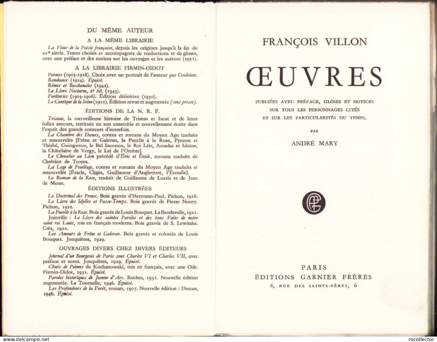 Francois Villon Oeuvres C830 - Old Books