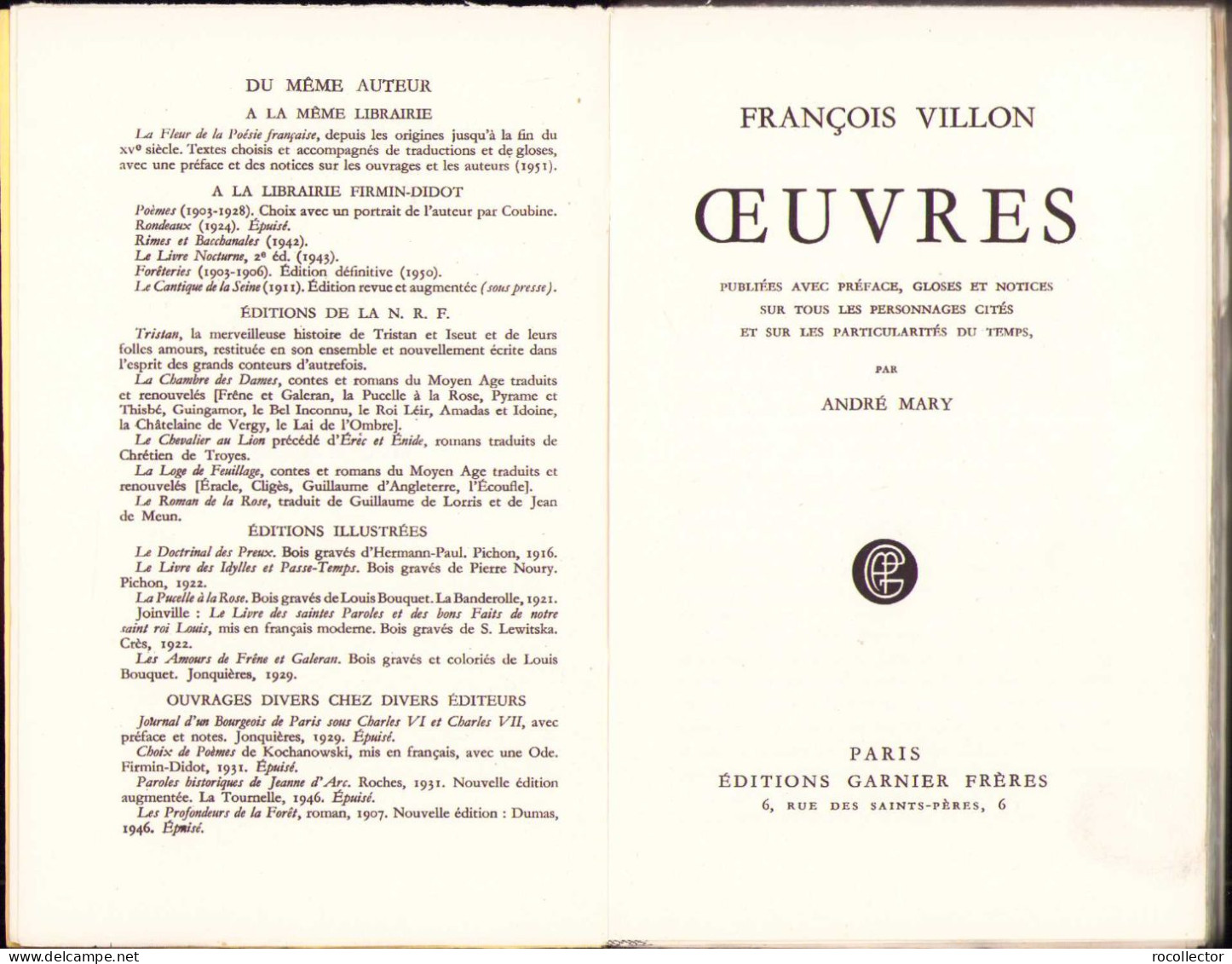 Francois Villon Oeuvres C830 - Livres Anciens