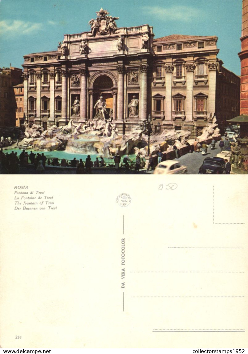 ROME, LAZIO, FOUNTAIN, ARCHITECTURE, STATUE, CARS, ITALY, POSTCARD - Fontana Di Trevi