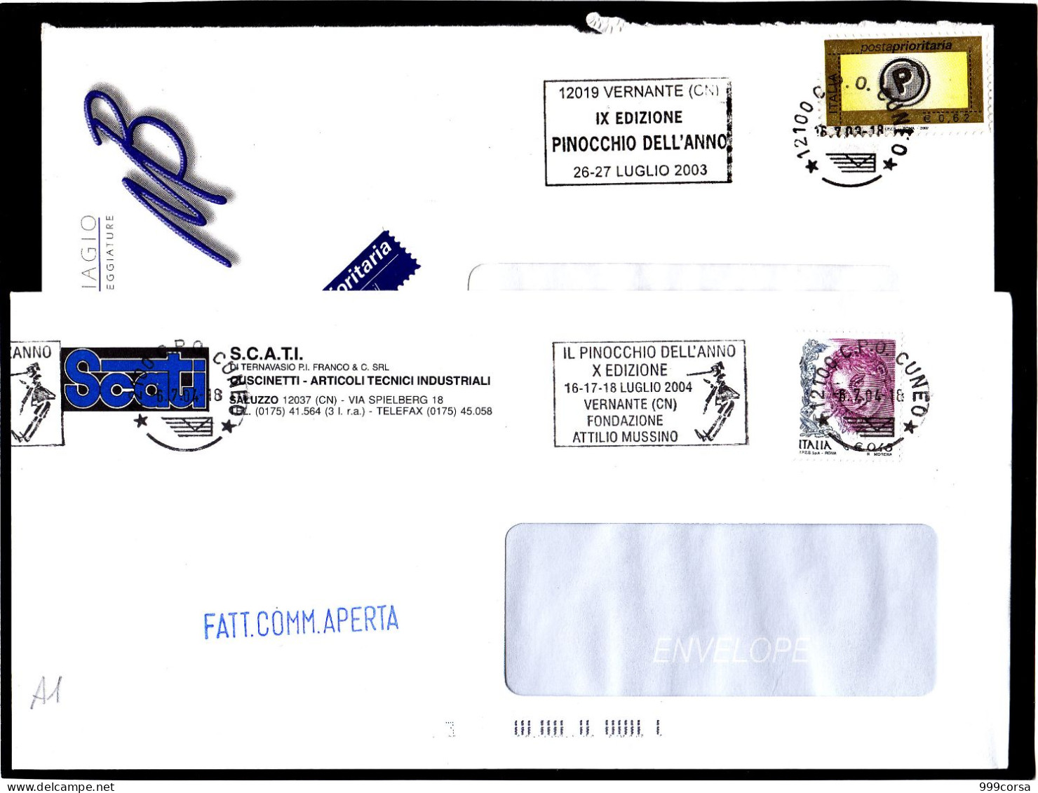 St.Post.2003-2004 Italia, Targhetta "IX E X Ediz. Pinocchio Dell'anno, Vernante (CN)" (A1Re) - 2001-10: Poststempel