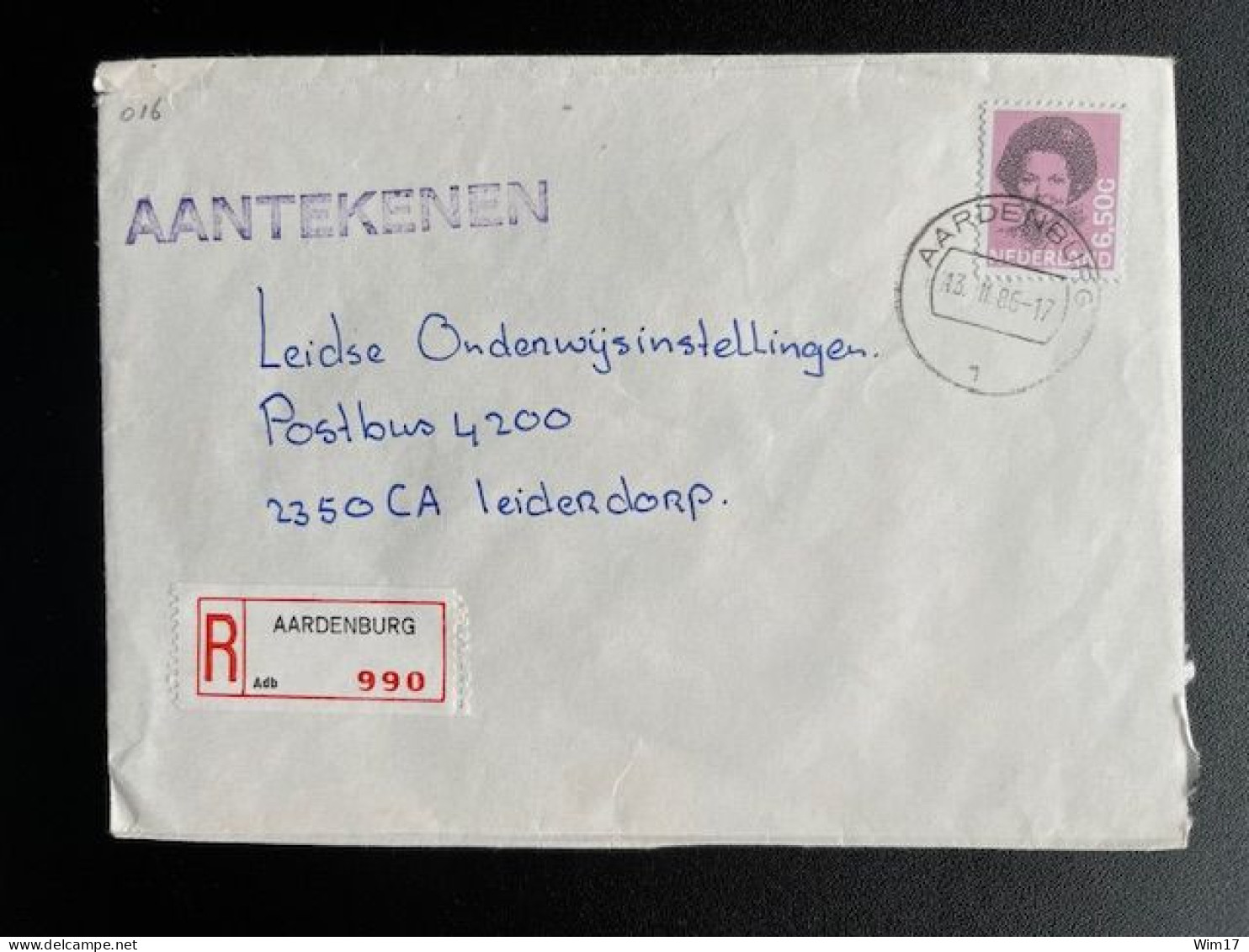 NETHERLANDS 1986 REGISTERED LETTER AARDENBURG TO LEIDERDORP 13-02-1986 NEDERLAND AANGETEKEND - Cartas & Documentos