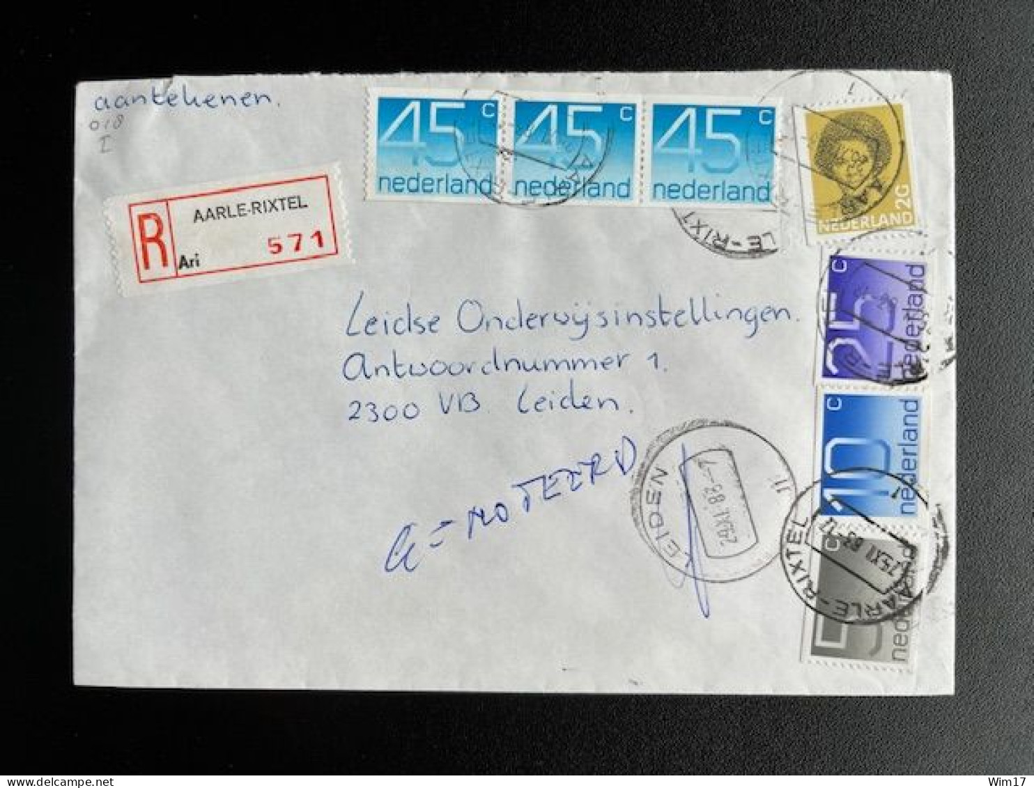 NETHERLANDS 1983 REGISTERED LETTER AARLE RIXTEL TO LEIDEN 25-11-1983 NEDERLAND AANGETEKEND - Briefe U. Dokumente