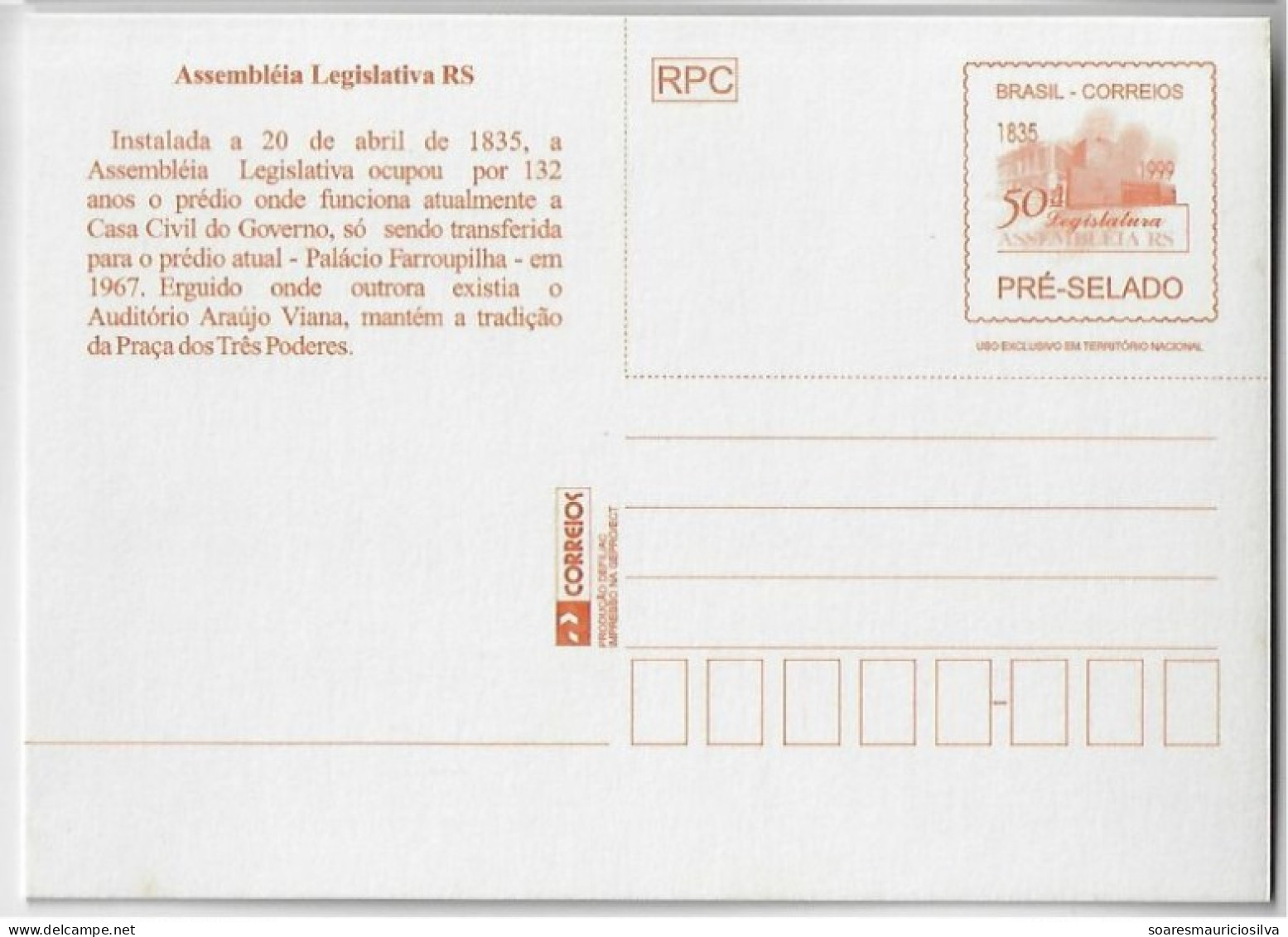 Brazil 1999 Postal Stationery Card BP-205 50th Legislature Legislative Assembly Of Rio Grande Do Sul unused Architecture - Interi Postali