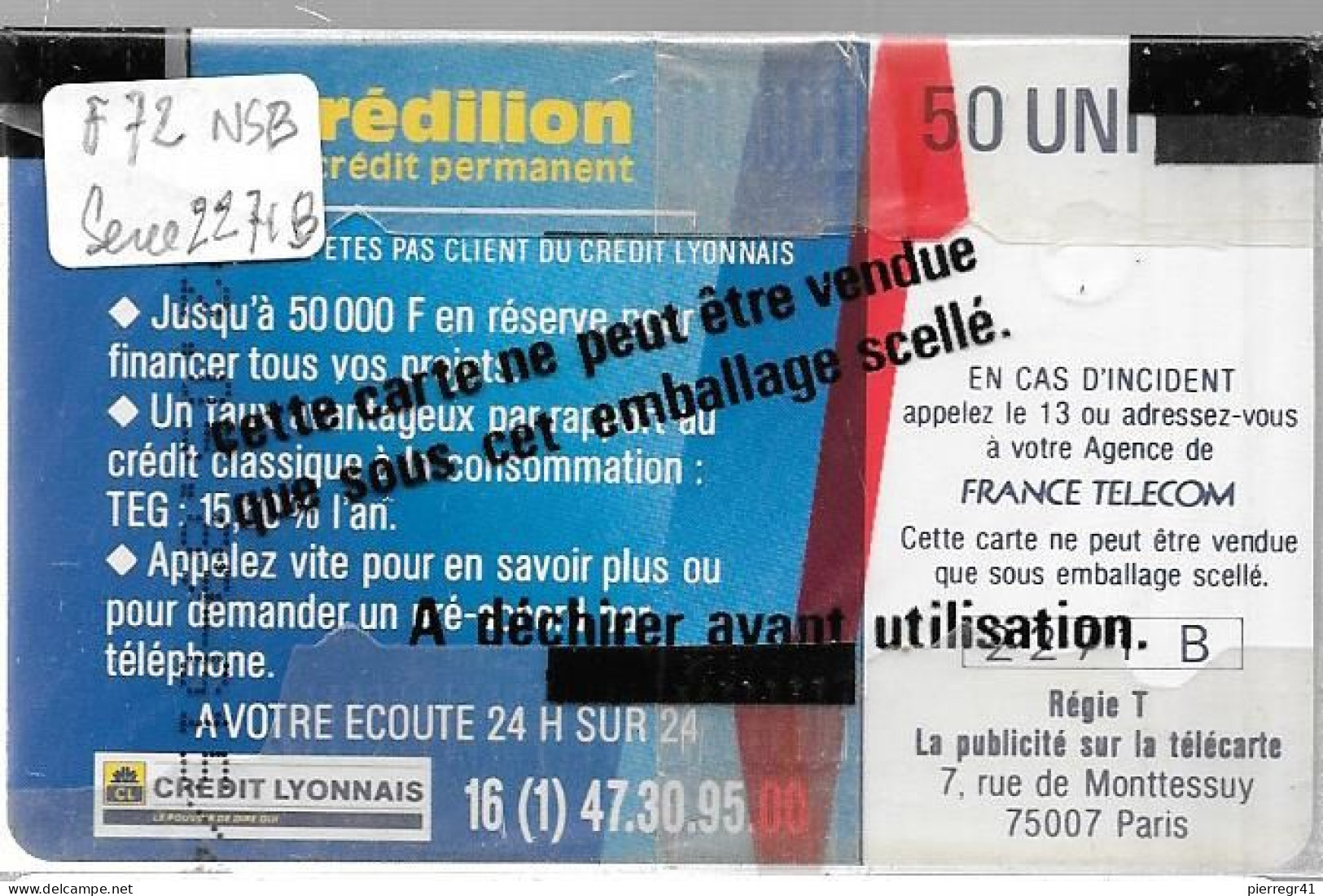 CARTE²°-PUBLIC-06/89-F 72-50U-GEM1B-CREDILION-Série 2271B-NSB/TB E- - 1989