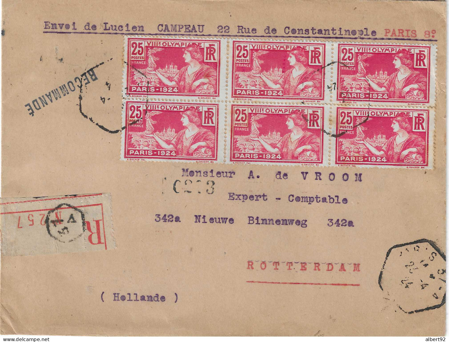 1924 Jeux Olympiques De Paris: Lettre Recommandée 1er échelon Pour International (6 X 184 Yvert = 1.50 Fr.) - Verano 1924: Paris